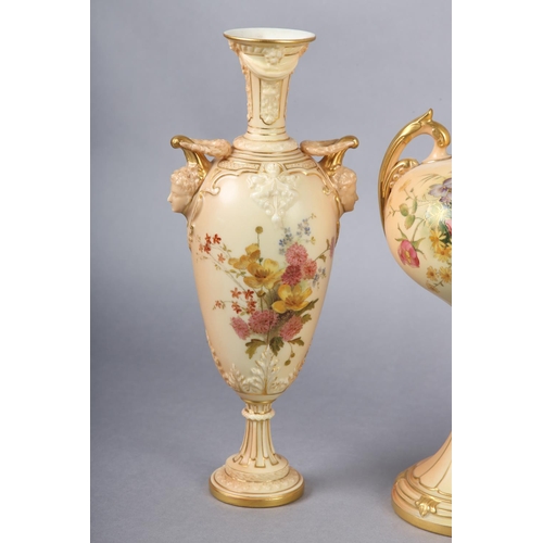 263 - THREE ROYAL WORCESTER BLUSH IVORY VASES one having a pierced cover with finial, the ovoid body ename... 