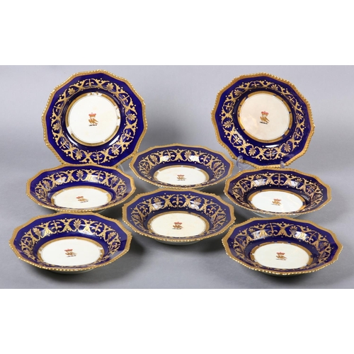 268 - A 19TH CENTURY BLOOR DERBY PART DESSERT SERVICE comprising eight plates, in cobalt blue and gilt wit... 