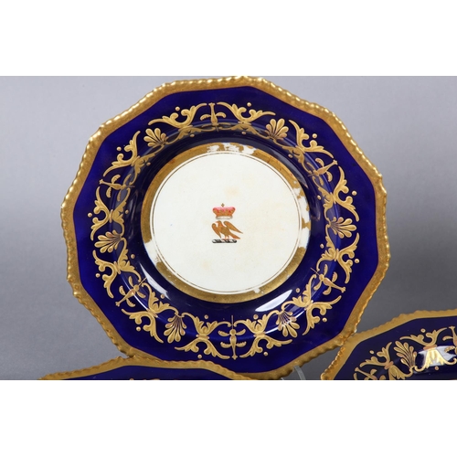 268 - A 19TH CENTURY BLOOR DERBY PART DESSERT SERVICE comprising eight plates, in cobalt blue and gilt wit... 