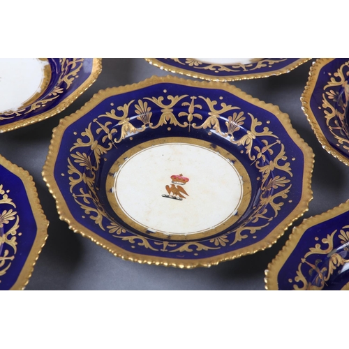 268 - A 19TH CENTURY BLOOR DERBY PART DESSERT SERVICE comprising eight plates, in cobalt blue and gilt wit... 