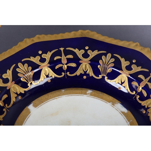 268 - A 19TH CENTURY BLOOR DERBY PART DESSERT SERVICE comprising eight plates, in cobalt blue and gilt wit... 