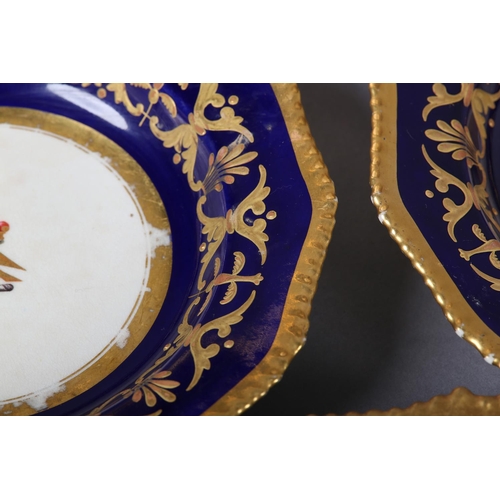 268 - A 19TH CENTURY BLOOR DERBY PART DESSERT SERVICE comprising eight plates, in cobalt blue and gilt wit... 