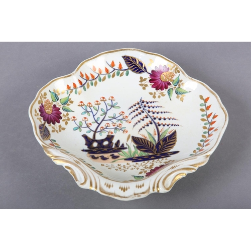 270 - AN EARLY 19TH CENTURY DERBY DISH in the form of a shell, the centre painted with three swimming duck... 