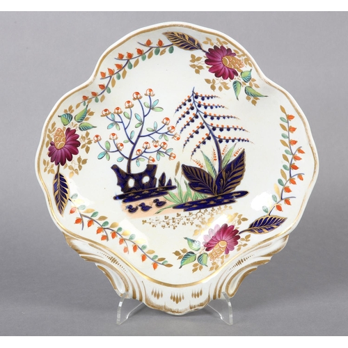 270 - AN EARLY 19TH CENTURY DERBY DISH in the form of a shell, the centre painted with three swimming duck... 