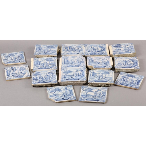 277 - A COLLECTION OF 18TH CENTURY DELFT BLUE AND WHITE TILES, variously painted with figures camped on th... 