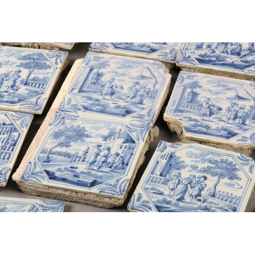 277 - A COLLECTION OF 18TH CENTURY DELFT BLUE AND WHITE TILES, variously painted with figures camped on th... 