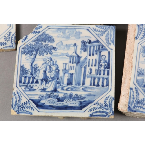 277 - A COLLECTION OF 18TH CENTURY DELFT BLUE AND WHITE TILES, variously painted with figures camped on th... 