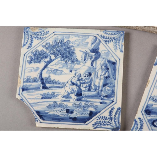 277 - A COLLECTION OF 18TH CENTURY DELFT BLUE AND WHITE TILES, variously painted with figures camped on th... 