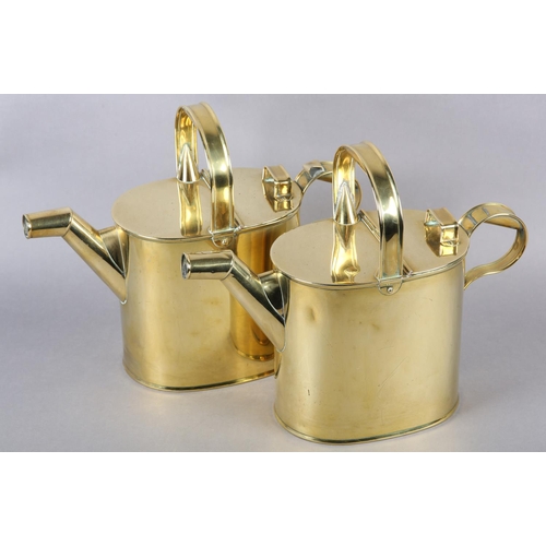 171 - A PAIR OF VICTORIAN BRASS HOT WATER CANS, strapwork handles, 31.5cm high