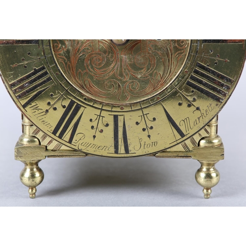 228 - A 18TH CENTURY STYLE FOUR POST BRASS LANTERN CLOCK, two train movement striking on a strap mounted b... 