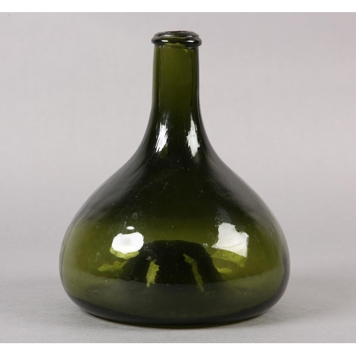 210 - A 19TH CENTURY BLOWN-MOULD GREEN GLASS ONION BOTTLE, the rounded body with elongated neck, and strin... 