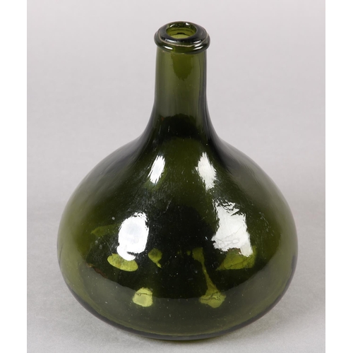 210 - A 19TH CENTURY BLOWN-MOULD GREEN GLASS ONION BOTTLE, the rounded body with elongated neck, and strin... 