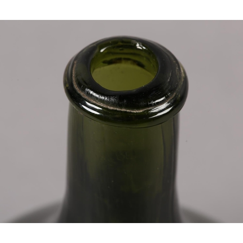 210 - A 19TH CENTURY BLOWN-MOULD GREEN GLASS ONION BOTTLE, the rounded body with elongated neck, and strin... 