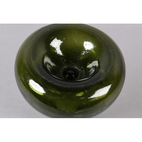 210 - A 19TH CENTURY BLOWN-MOULD GREEN GLASS ONION BOTTLE, the rounded body with elongated neck, and strin... 