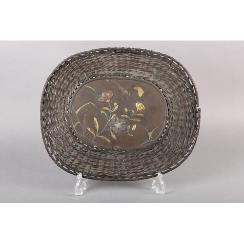 285 - A JAPANESE BRONZE 'BASKET' WALL PLAQUE, the centre panel incised and applied with a spray of blossom... 