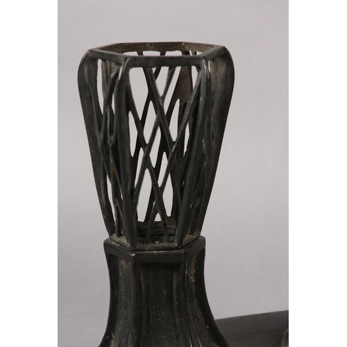 286 - A JAPANESE BRONZE TABLE LAMP in the form of a bijin standing beside a raised basket, on oval base, s... 