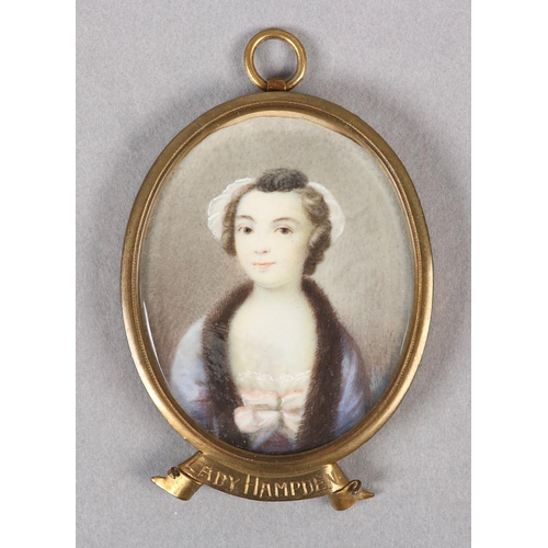 297 - LATE 18TH CENTURY PORTRAIT LADY HAMPDEN, c1820, half length, wearing a lace cap, fur trimmed blue go... 