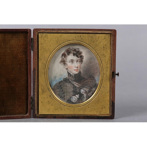 298 - A MID TO LATE 19TH CENTURY PORTRAIT MINIATURE OF A YOUNG SCOTTISH OFFICER, curled hair, high collare... 