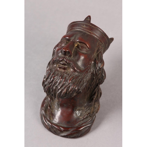 207 - A 19TH CENTURY MAHOGANY CARVED BUST OF A BEARDED MAN WEARING A CROWN, the head hollow, filled screw ... 