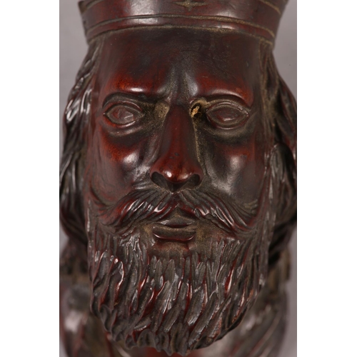 207 - A 19TH CENTURY MAHOGANY CARVED BUST OF A BEARDED MAN WEARING A CROWN, the head hollow, filled screw ... 