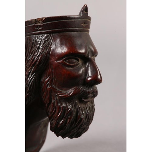 207 - A 19TH CENTURY MAHOGANY CARVED BUST OF A BEARDED MAN WEARING A CROWN, the head hollow, filled screw ... 