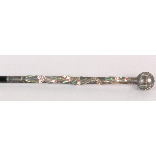 301 - A LATE 19TH CENTURY FRENCH BASSE TAILLE AND SILVER CANE HANDLE, the knop and shaft repousse decorate... 