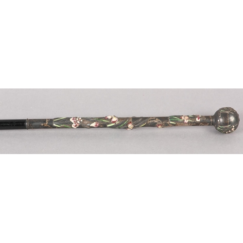 301 - A LATE 19TH CENTURY FRENCH BASSE TAILLE AND SILVER CANE HANDLE, the knop and shaft repousse decorate... 