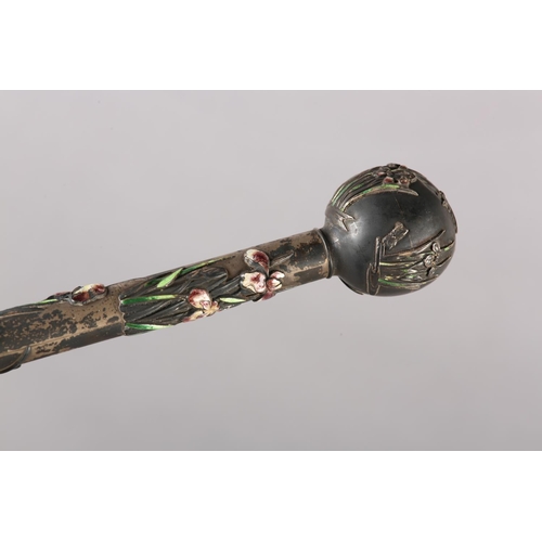 301 - A LATE 19TH CENTURY FRENCH BASSE TAILLE AND SILVER CANE HANDLE, the knop and shaft repousse decorate... 