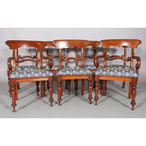 475 - A SET OF SEVEN MID-VICTORIAN MAHOGANY DINING CHAIRS, having a broad top rail, moulded tie rail, upho... 