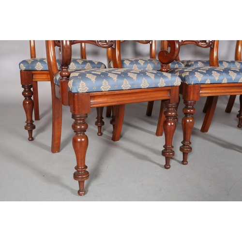 475 - A SET OF SEVEN MID-VICTORIAN MAHOGANY DINING CHAIRS, having a broad top rail, moulded tie rail, upho... 