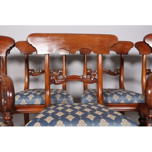 475 - A SET OF SEVEN MID-VICTORIAN MAHOGANY DINING CHAIRS, having a broad top rail, moulded tie rail, upho... 