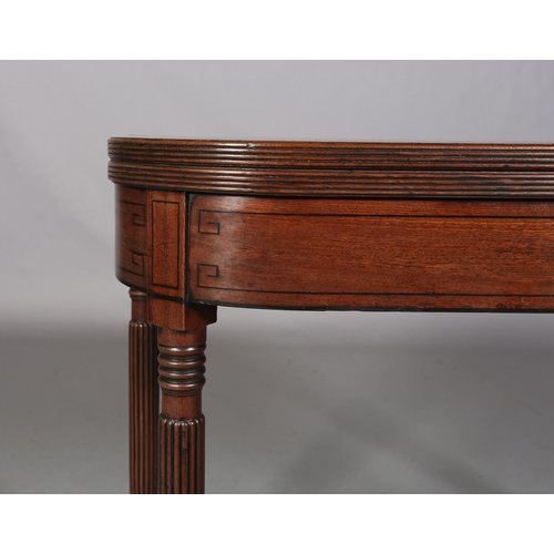 480 - A REGENCY MAHOGANY TEA TABLE, having a rectangular fold-over top with rounded corners, ebony line in... 