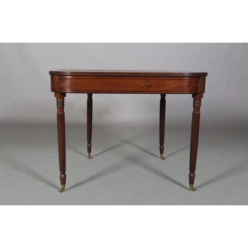 480 - A REGENCY MAHOGANY TEA TABLE, having a rectangular fold-over top with rounded corners, ebony line in... 