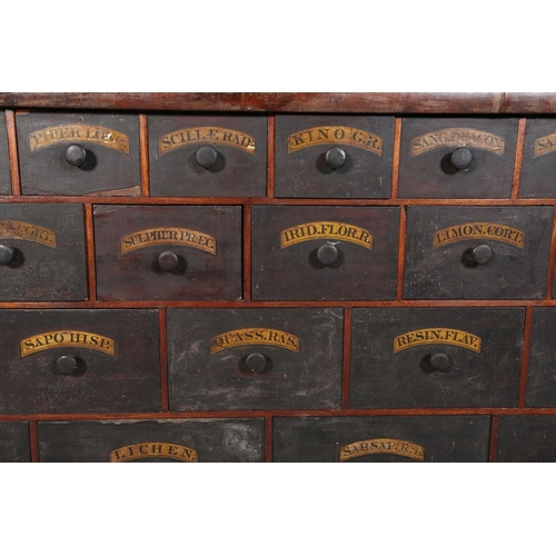 492 - A 19TH CENTURY BANK OF APOTHECARY'S DRAWERS, pine, with ebonised and labelled drawer fronts, of four... 