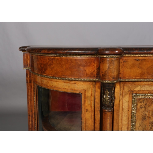 472 - A VICTORIAN FIGURED WALNUT CREDENZA OR SIDE CABINET with gilt metal mounts and floral painted porcel... 