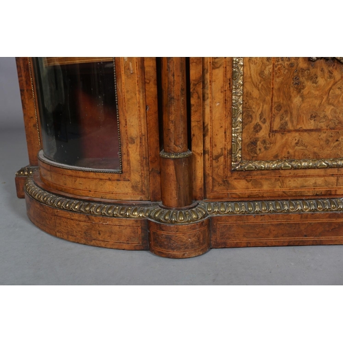 472 - A VICTORIAN FIGURED WALNUT CREDENZA OR SIDE CABINET with gilt metal mounts and floral painted porcel... 