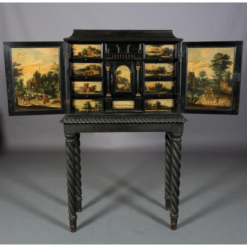 468 - A FLEMISH ANTWERP EBONY CABINET ON STAND, LATE 17TH CENTURY of rectangular form, concave moulded top...