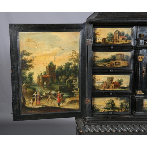 468 - A FLEMISH ANTWERP EBONY CABINET ON STAND, LATE 17TH CENTURY of rectangular form, concave moulded top... 