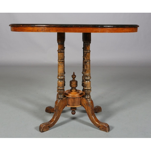 473 - A VICTORIAN BURR WALNUT OVAL WINDOW TABLE, inlaid in boxwood stringing and ebonised rim, on four tur... 