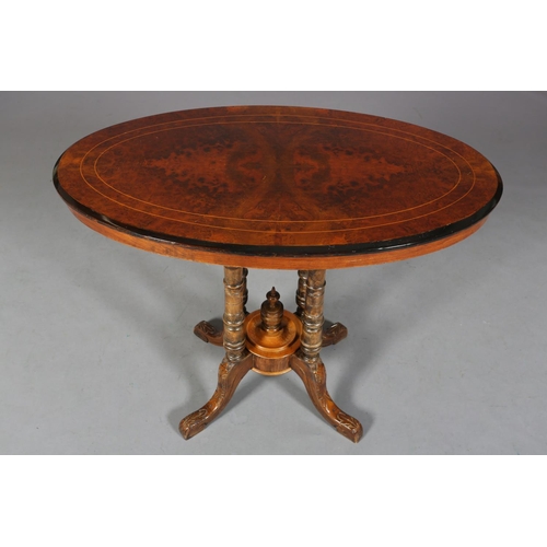 473 - A VICTORIAN BURR WALNUT OVAL WINDOW TABLE, inlaid in boxwood stringing and ebonised rim, on four tur... 