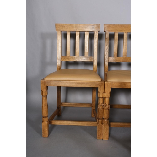 460 - TREVOR HUTCHINSON 'SQUIRRELMAN',  a set of eight oak dining chairs, each having a railed back, pale ... 