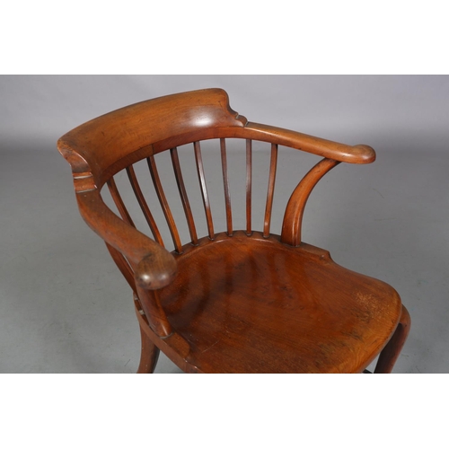 490 - AN 19TH CENTURY MAHOGANY BOW ARMCHAIR, having a railed back, full seat on cabriole legs joined by a ... 