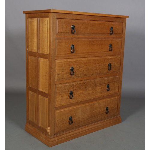 465 - COLIN ALMACK 'BEAVERMAN', an oak chest of five graduated drawers, iron loop handles, field panelled ... 