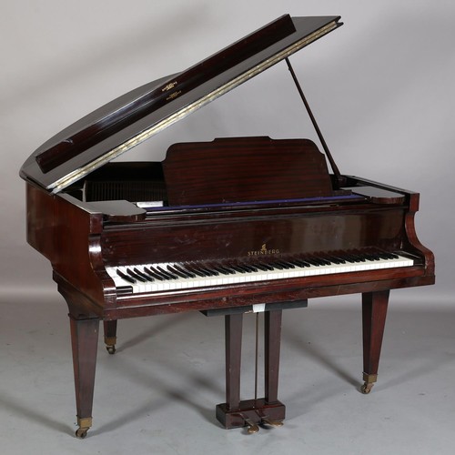 451 - STEINBERG, LONDON FORMERLY BERLIN MAHOGANY BABY GRAND PIANO, no. 38114 on square tapered legs with b... 