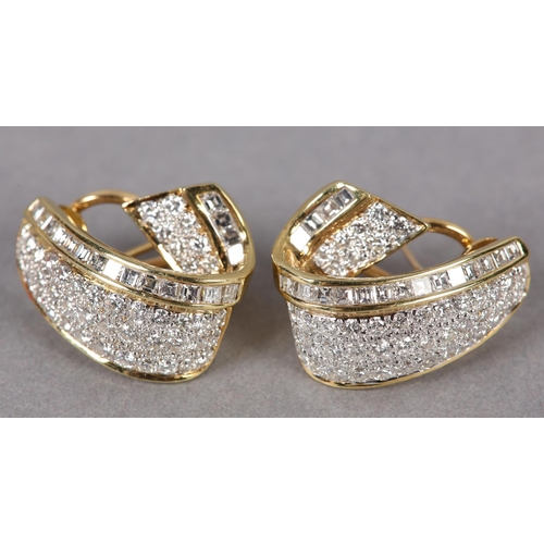 346 - A PAIR OF DIAMOND CLUSTER EARRINGS, the brilliant and baguette cut stones grain and channel set to e... 