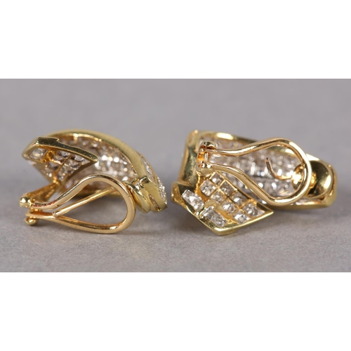 346 - A PAIR OF DIAMOND CLUSTER EARRINGS, the brilliant and baguette cut stones grain and channel set to e... 