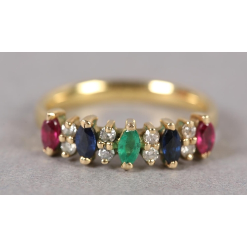 372 - A RUBY, DIAMOND, SAPPHIRE AND EMERALD RING in 18ct gold, the marquise cut coloured stones claw set i... 