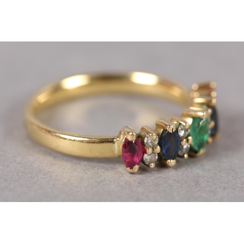 372 - A RUBY, DIAMOND, SAPPHIRE AND EMERALD RING in 18ct gold, the marquise cut coloured stones claw set i... 