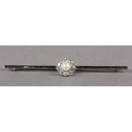 350 - A CULTURED PEARL AND DIAMOND CLUSTER BAR BROOCH, the 5mm pearl raised against a surround of claw set... 