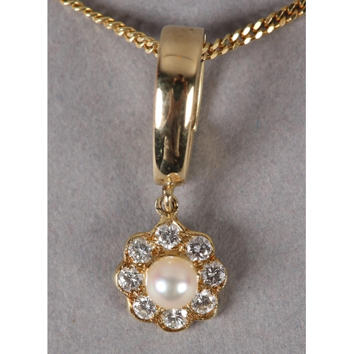 347 - A CULTURED PEARL AND DIAMOND CLUSTER PENDANT in 18ct gold, the 4mm pearl raised against a surround o... 